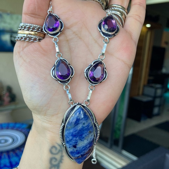 925 sterling silver overlay purple amethyst & blue sodalite stone boho necklace - Picture 7 of 15